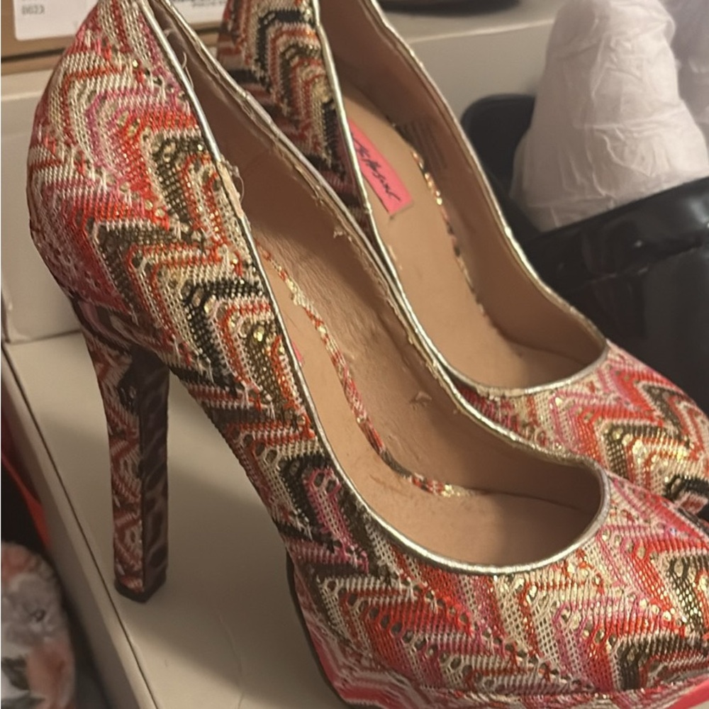 Betsey Johnson Red and Pink Heels with Bold Pattern